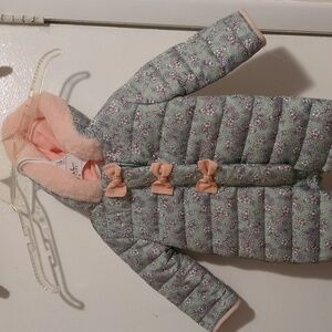 Nicole Miller Floral Puffer Coat with Pink Accents Full Zip Snap Buttons 3/6M